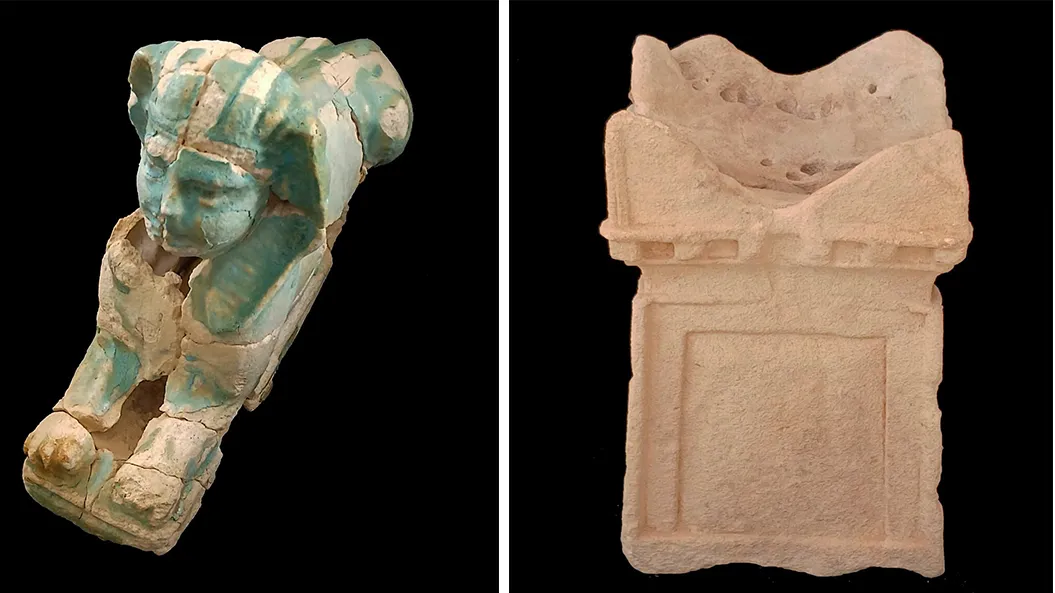 A plaster sphinx statue and an offering altar found at Marina el-Alamein