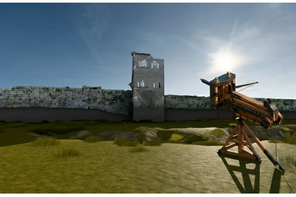A rendering of a weapon in front of a city wall