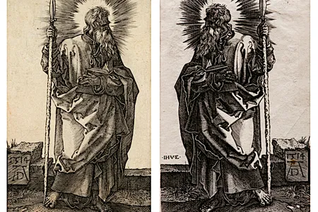 Left: Albrecht Dürer, "St. Thomas," 1514 / Right: Johann Ladenspelder, "St. Thomas," circa 1535 – 1561
