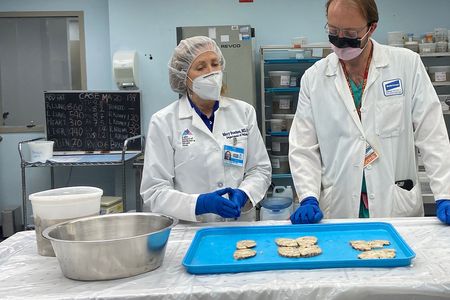 Mary Fowkes, a pathologist at Mount Sinai Hospital in New York, examines brain slices from an autopsy.
