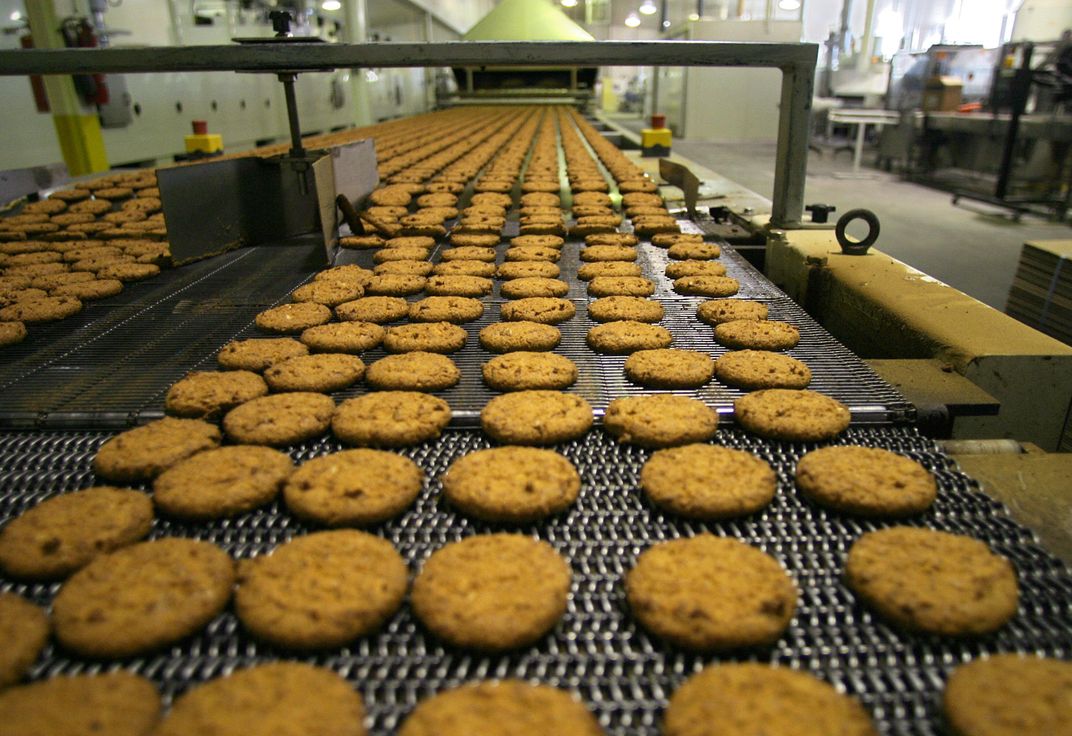 Anzac biscuits on the production line