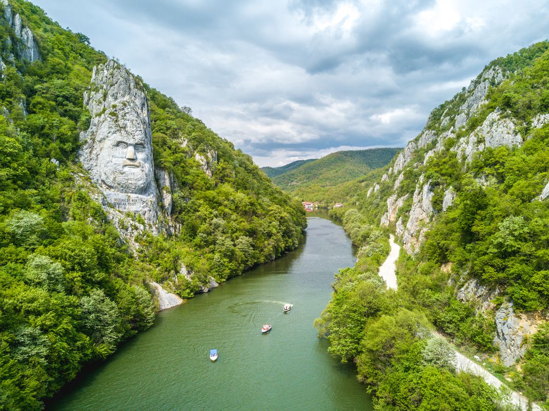 Dramatic Decebal Head sculpture, Iron Gate Gorge, Romania