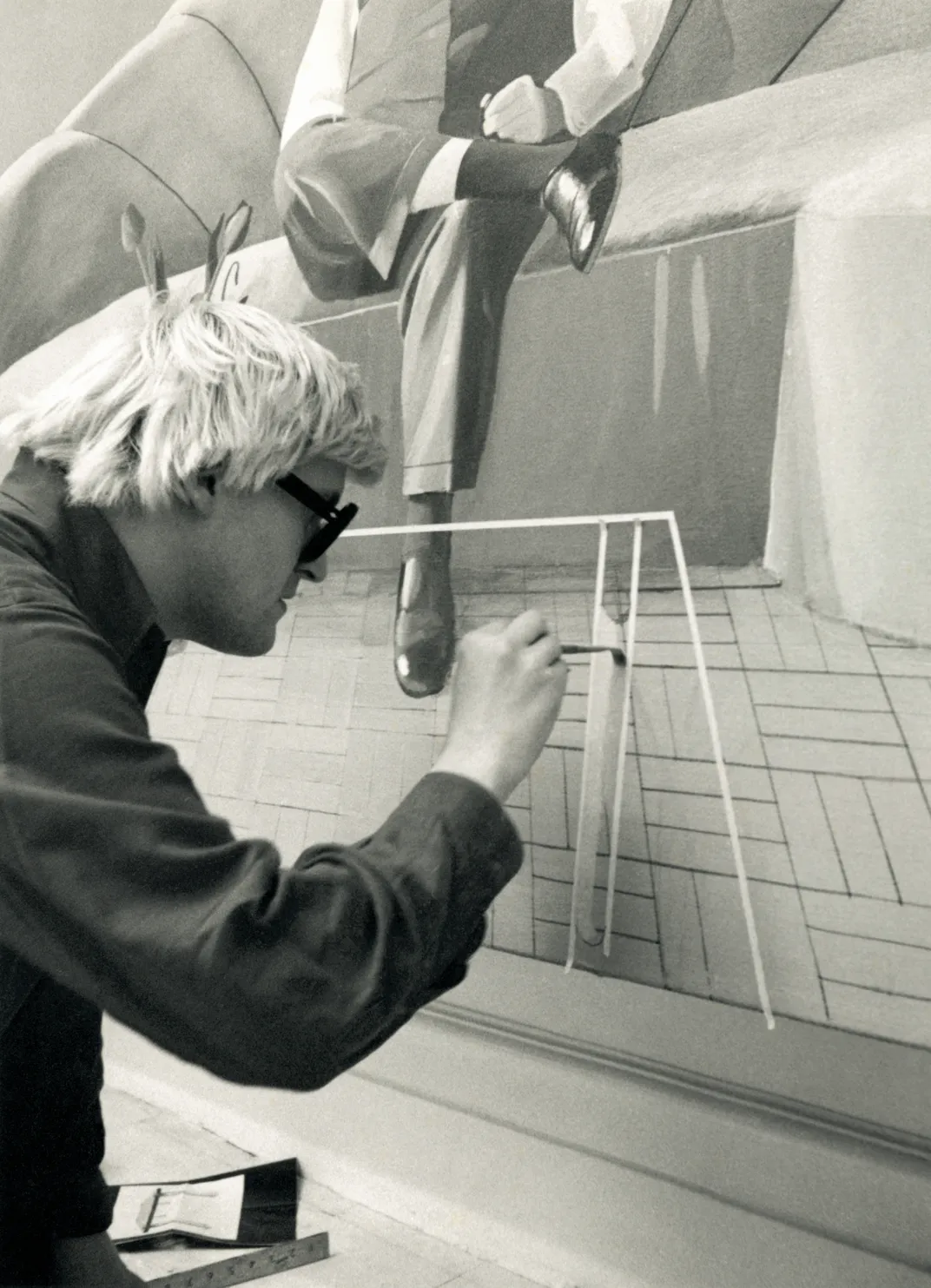 Hockney painting in his studio in 1969