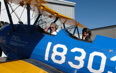 The author riding in the Stearman with pilot Matt Quy.