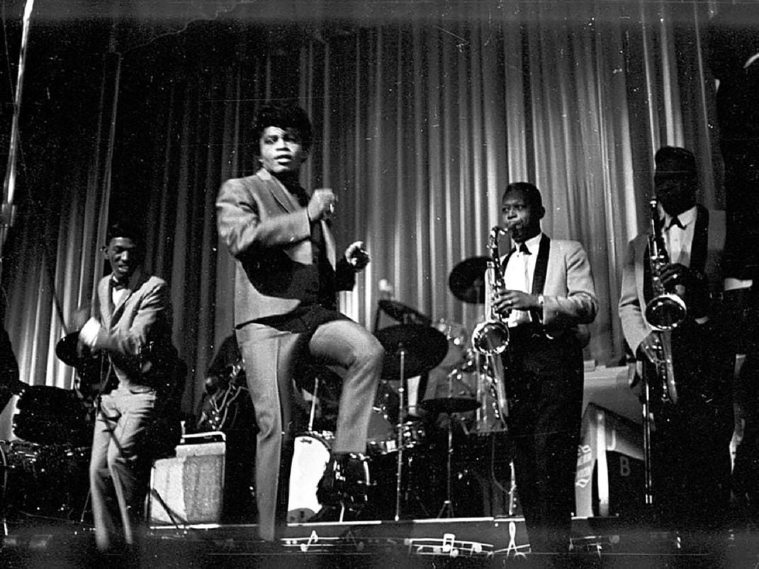 black and white 1964 photo of James Brown