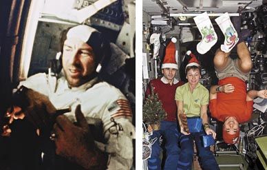 Left - Then: Given the troubles of 1968, says Jim Lovell, "a Bible reading was the right thing" for that Christmas in space. Right - Now: Expedition 16 played Santa for Christmas 2007. From left: Yuri Malenchenko, Peggy Whitson, and Dan Tani.