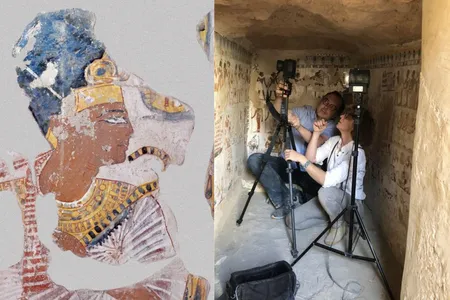 A portrait of the Ramesses II (left) and researchers Philippe Walter and Catherine Defeyt using portable X-ray fluorescence equipment to take measurements (right)
