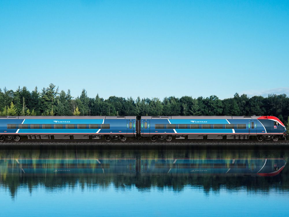 Exterior of Amtrak Airo train by water