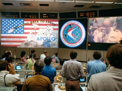 NASA flight controllers celebrate the return of Apollo 15 in 1971.