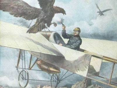 Eugene Gilbert in Bleriot XI attacked by eagle over Pyrenees in 1911 depicted in this painting