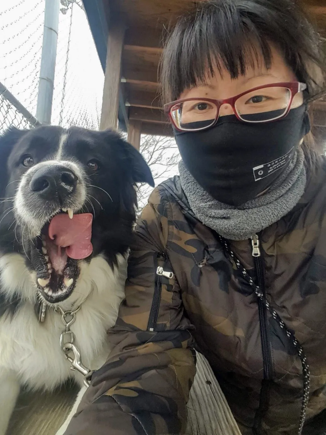 A masked person next to a black and white dog licking its jowls.