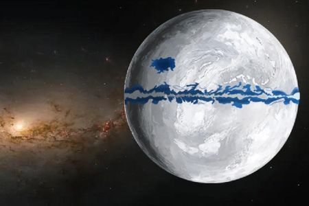 An illustration of the Snowball Earth with some open water around the equator and a newly proposed patch of ocean at mid-latitudes