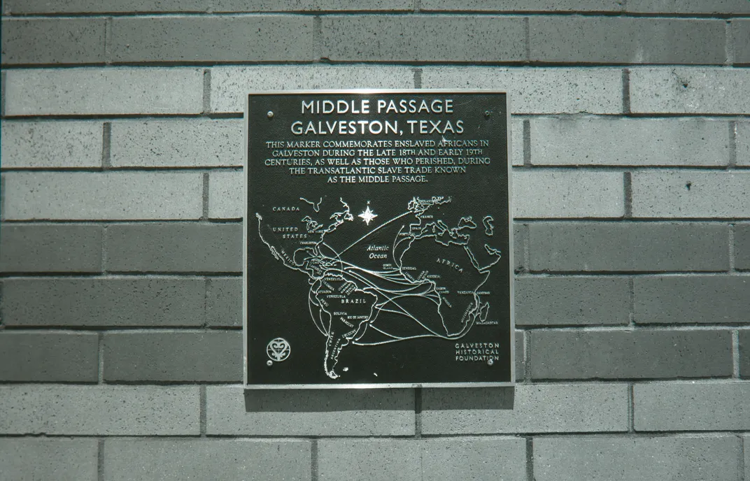 The Middle Passage historical marker on the Galveston Historic Seaport building