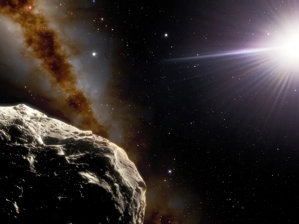 An artist's rendition of an asteroid with the sun shining behind it
