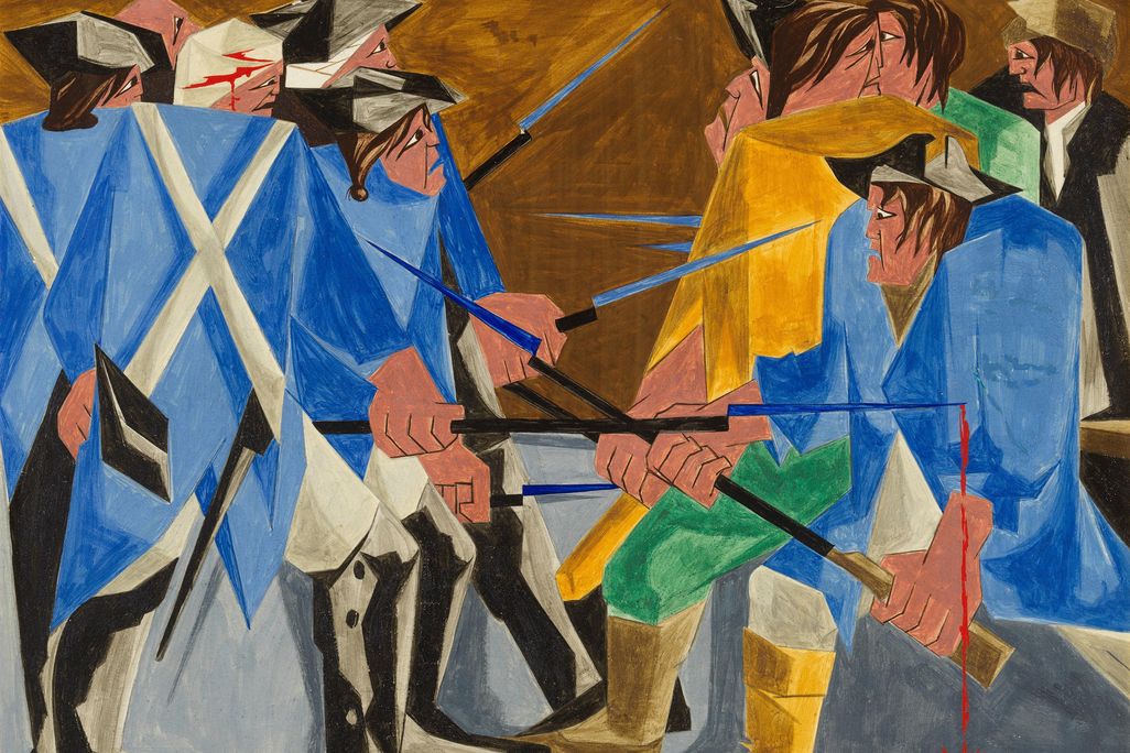 An angular, vibrantly colored painting of men in bright blue coats pointing long spiky bayonets at one another; on the right, the men wear a jumble of colors, while on the left the men wear blue and white uniforms