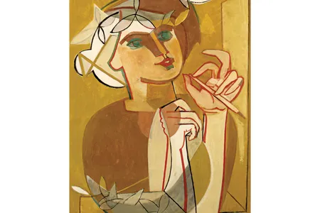 The Painter (Self-portrait at Work), oil on canvas, 1946. Gilot painted the self-portrait while she and Picasso were staying in Antibes, on the French Riviera.