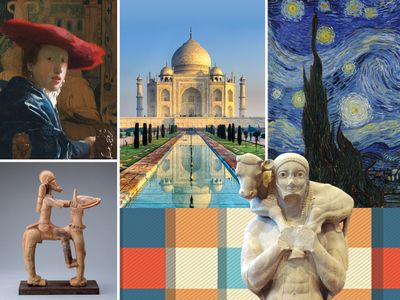 Image of five works of art, including a painting with a girl in a red hat, the Taj Mahal, Starry Night, a statue of a calf-bearer, and an equestrian statue.
