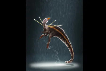 An artist's rendering of Ubirajara jubatus, a newly described dinosaur species featuring two sets of rods sticking out of its shoulders and a mane of fluffy proto-feathers.