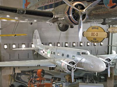 The Museum's Boeing 247-D is displayed with two sets of markings: The right side reflects its time with United Air Lines; the left, the aircraft's 1934 air racing history.