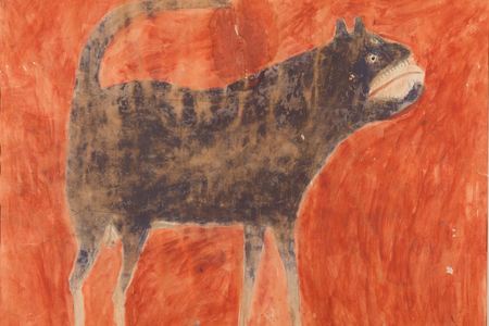 Mean Dog (Verso: Man Leading Mule), c. 1939-1942, by Bill Traylor, poster paint and pencil on cardboard