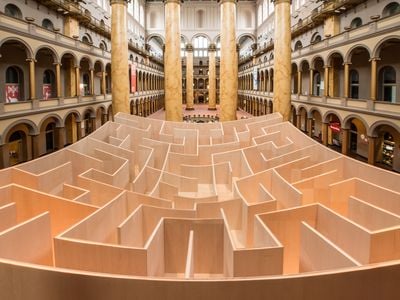 The maze is constructed out of glossy maple plywood.