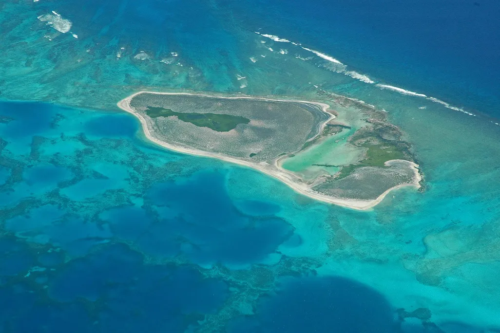 An aerial image of an atoll in the Pacific Ocean. The water is marbled green and blue, and there is a blob-shaped island in the middle. It has sandy banks with green (likely plants) on the island. There are several large lagoons inside as well.